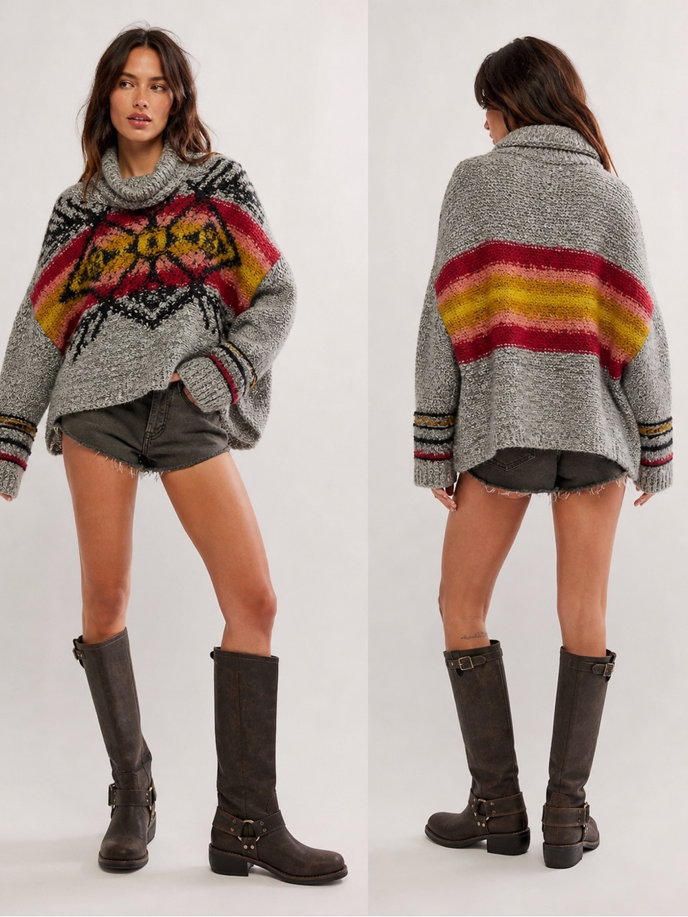 Free People Women’s XS Oversized Chunky Knit Large Collar Gray Aztec Sweater